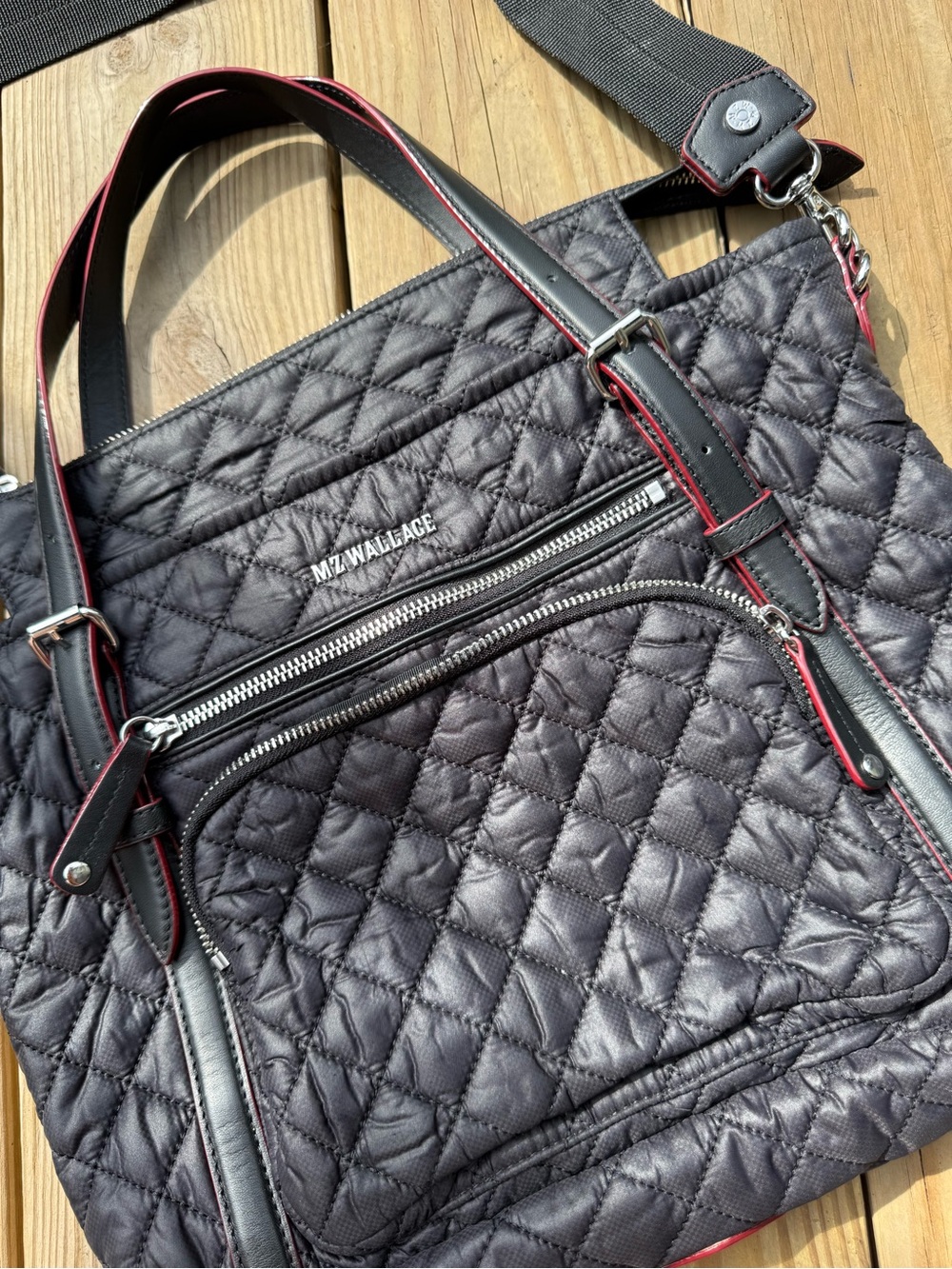 MZ Wallace Quilted Black Tote with Red Trim - Picture 2 of 9